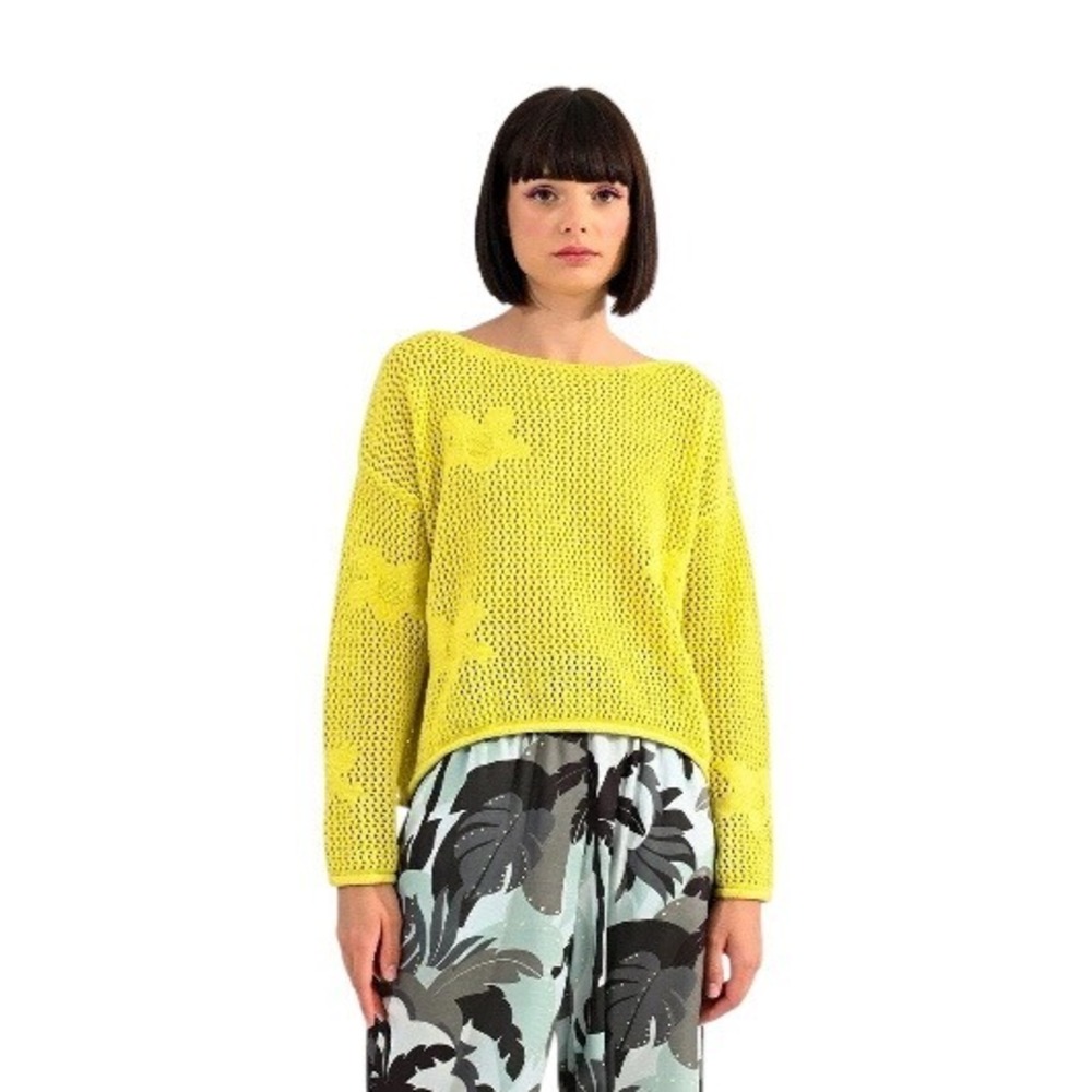 Yellow Open-Knit Crew Neck Sweater